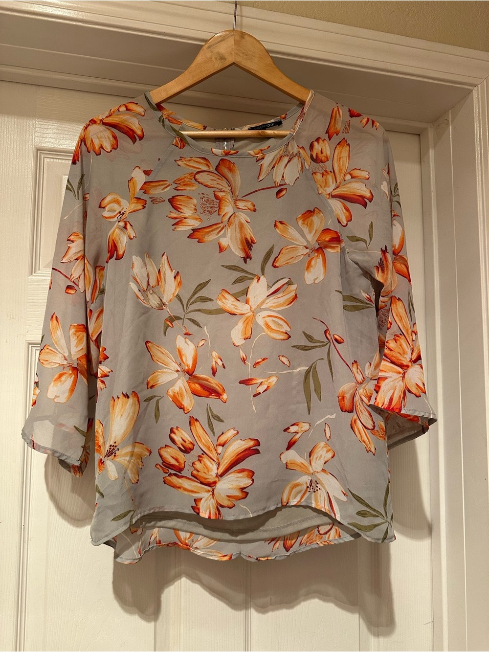 Papermoon Gray-Blue Blouse with Orange Floral Print